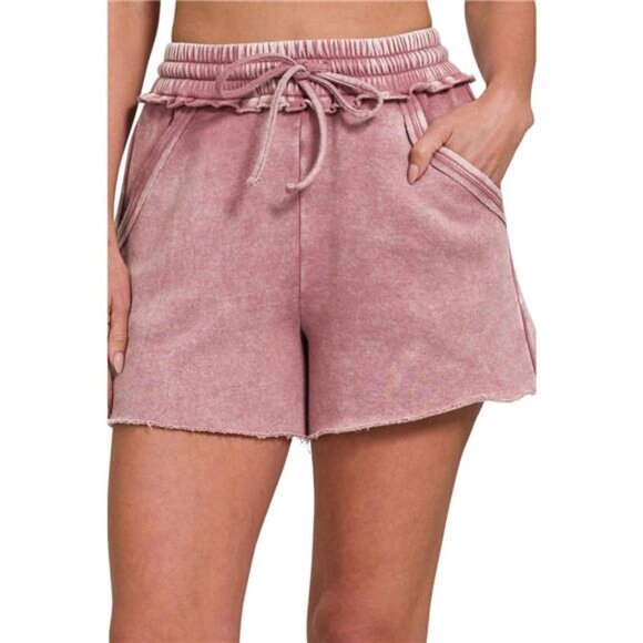 Zenana Acid Wash Fleece Drawstring Shorts With Pockets - Picture 1 of 3